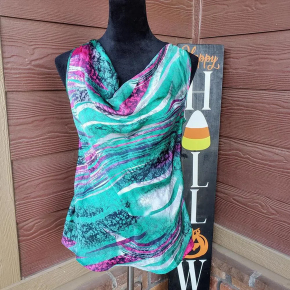 Elementz Abstract Multicolor Sleeveless Silky Draped Collar Blouse Women's Small - Picture 15 of 15